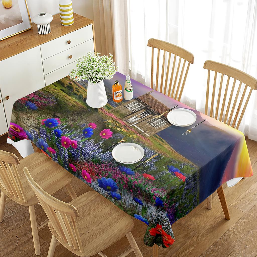 Tablecloth Landscape Waterproof Rectangle Table Cover House Amazing View Countryside Great for Parties, Holiday Dinner, Wedding