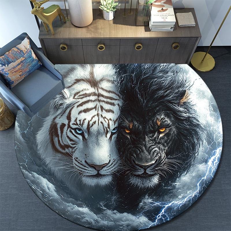 Yin Yang Tiger Lion Round Area Rug,Carpet Rug for Living Room Bedroom Sofa Playroom Decor,Non-slip Floor Mat