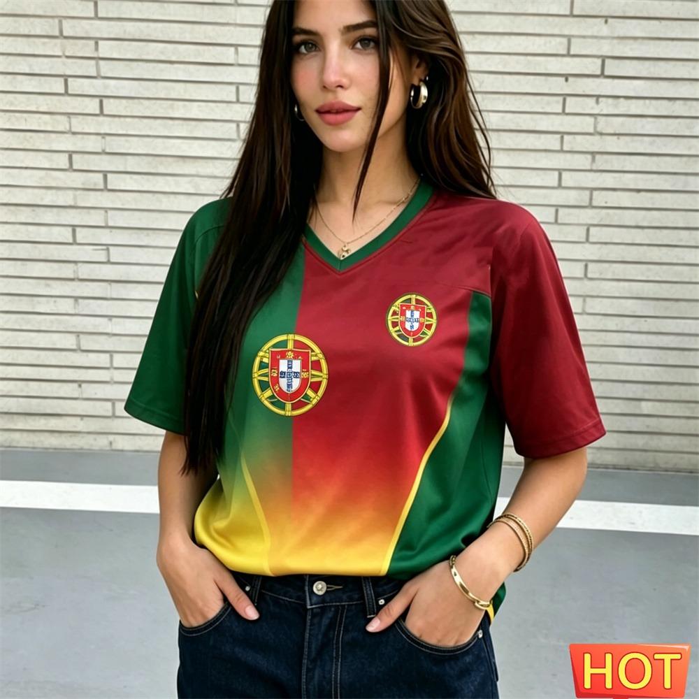 T-shirt da donna estiva con scollo a V Maglietta da calcio brasiliana Maglia da donna con gradiente giallo verde Asciugatura rapida nuova T-shirt brasiliana