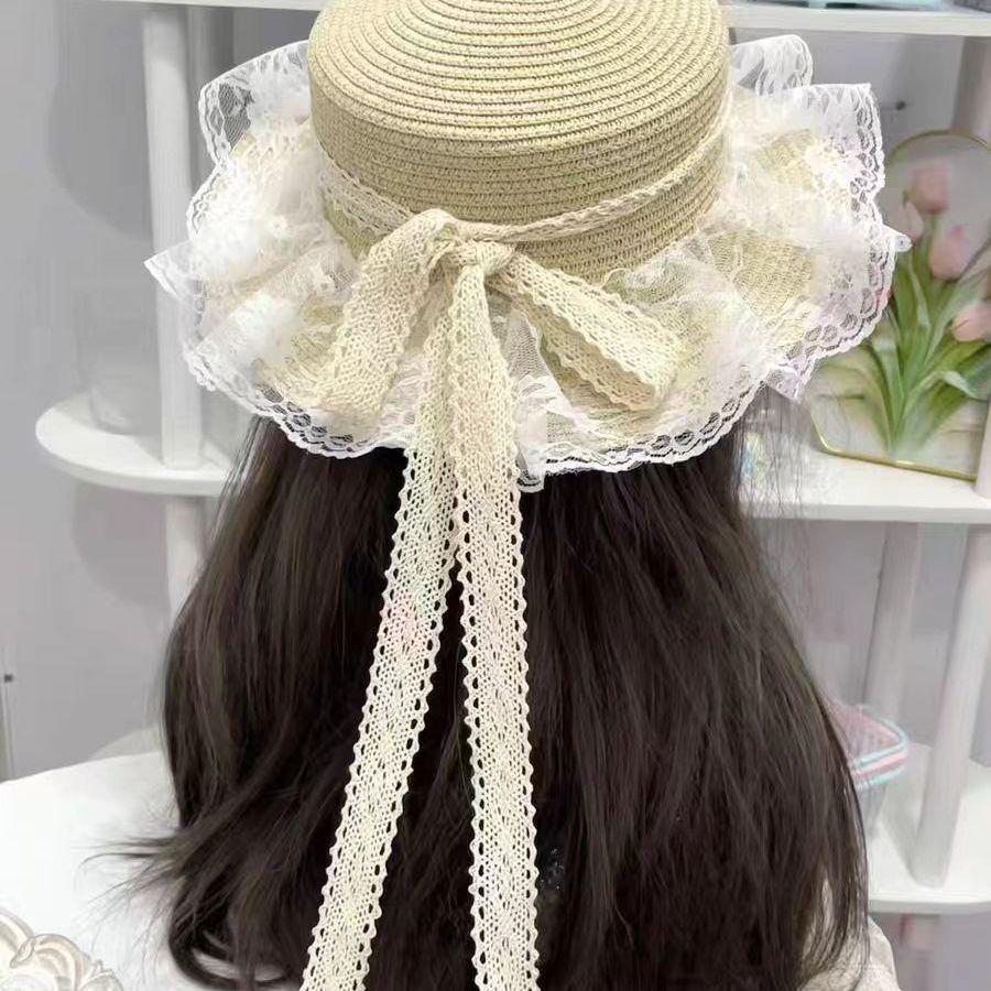 Sweet and Cute Mori Big Eaves Soft Girl Lace Bow Streamer Hat Lolita Travel Sunscreen Braided Hat