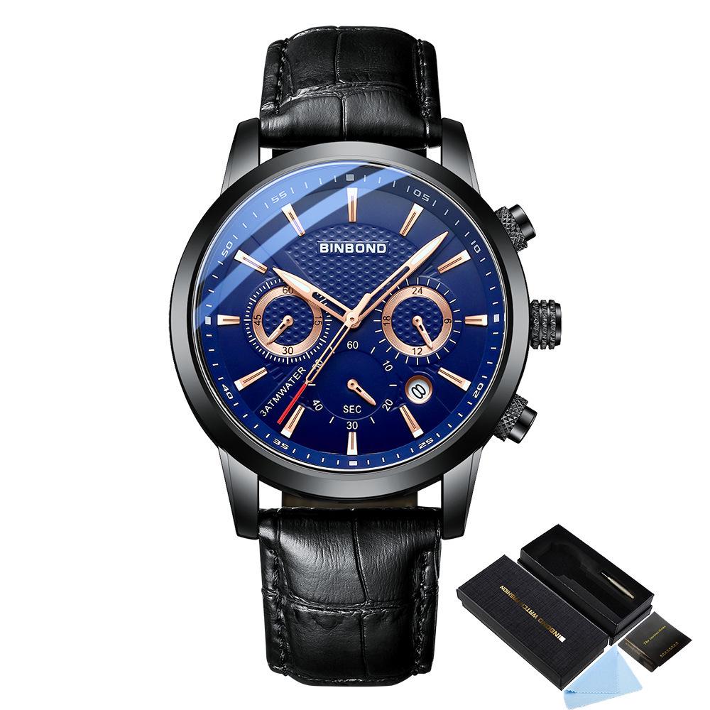 BINBOND Men's Waterproof Quartz Sports Watch with Steel Strap and Dual Eye Multifunction.