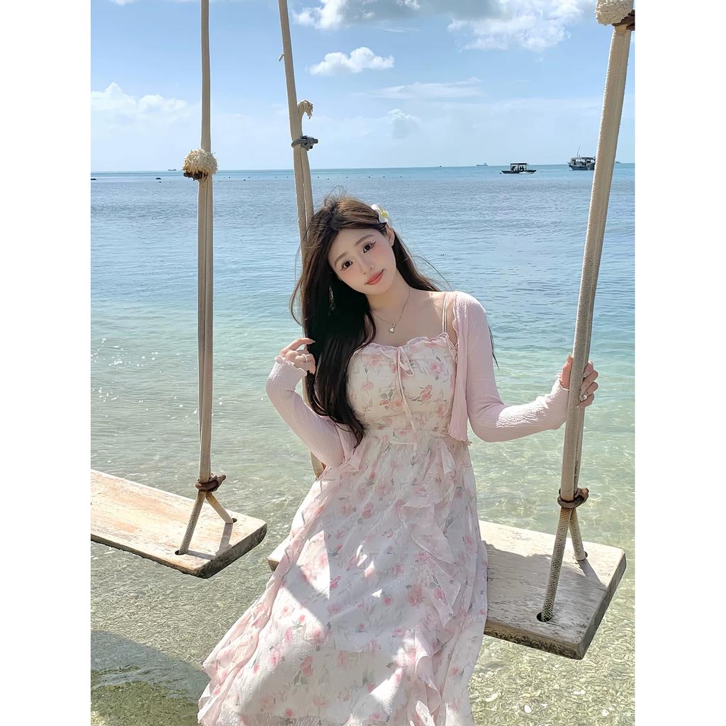 Pink Floral Dress, Gentle Temperament, Sleeveless Waist Long Suspender Skirt (single Skirt), Mind Taking Pictures Carefully