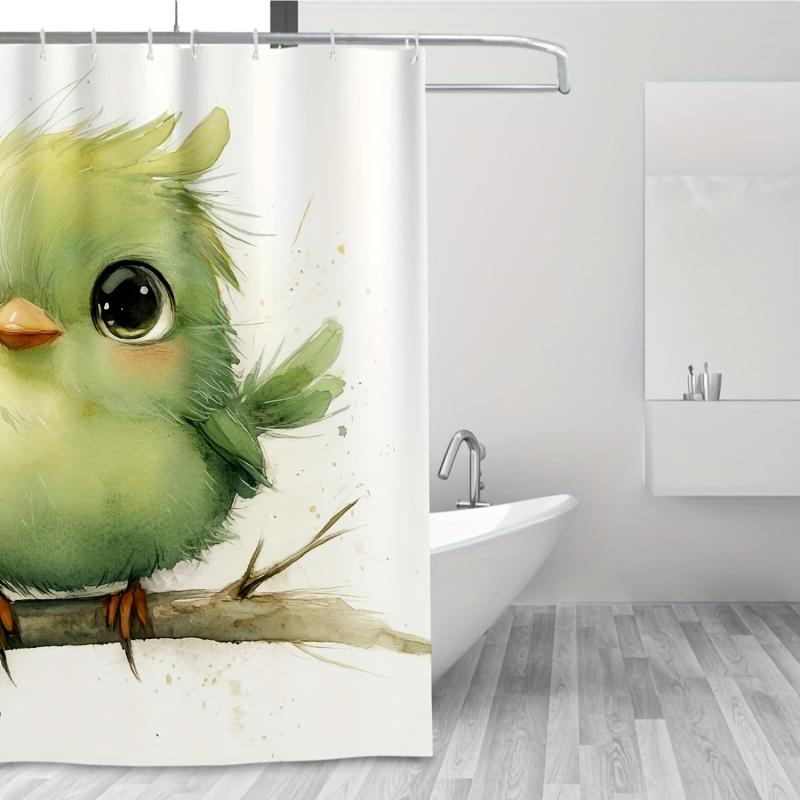 Cute Green Bird Shower Curtain - 71X71 Inch, Watercolor Cartoon Design, 12 Hooks, Polyester, Perfect For Home & Summer Decor