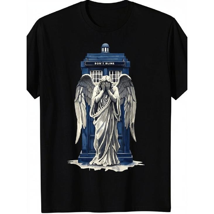 A T-Shirt Showcasing a Crying Angel And a Blue Police Box, Ideal for Fans, Everyday Use, And Science Fiction Lovers