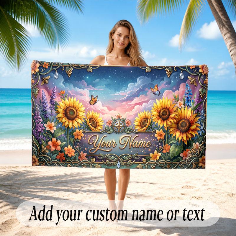 Floral Garden Theme Soft Beach Towel Personalized Custom Name Text Towel Portable for Beach Pool Travel