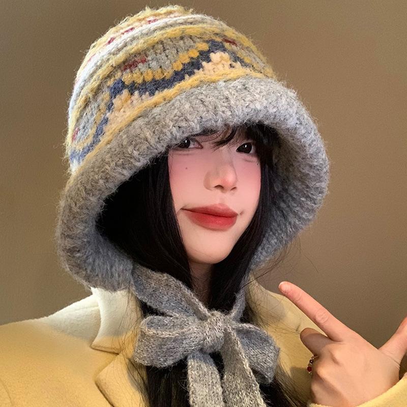 Fair Island Style Thickened Warm Wool Hat Autumn and Winter Retro Versatile Face Showing Small Bag Head Hat Outdoor Casual Hat Women