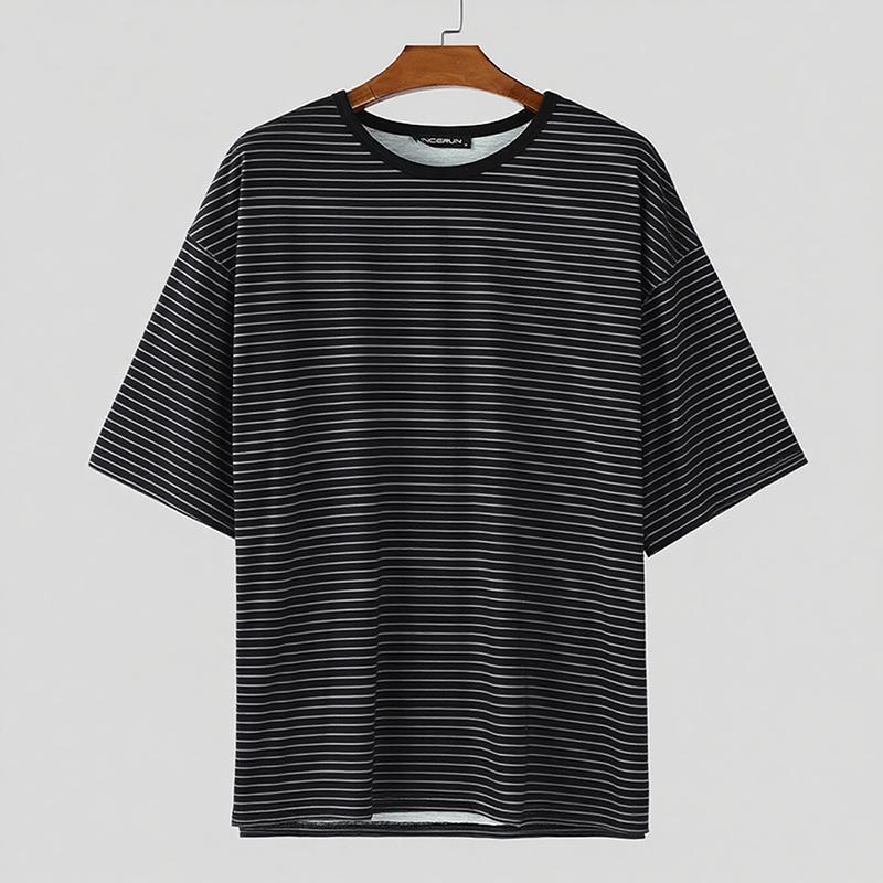 INCERUN Oversized Men O Neck Short Sleeve Striped Casual T-shirts