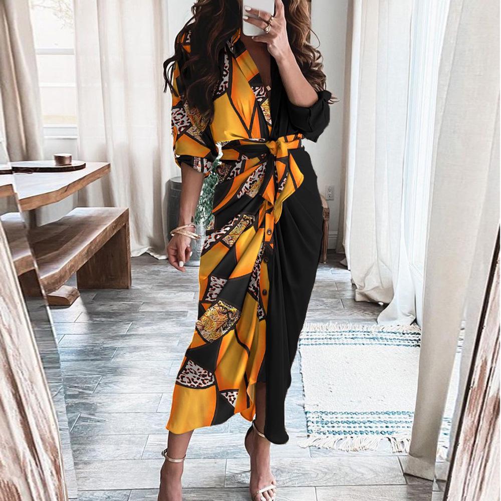 2026 Frühling Elegantes Sexy Bedrucktes V-Ausschnitt Bindeband High-Waist Kleid für Damen
