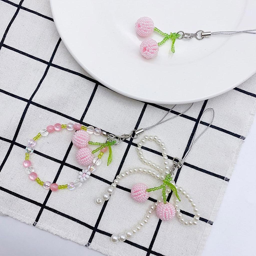 Fashion Beaded Cherry Pendant Phone Straps Lanyard Pocket Keychain Strap Backpack Charm Car Key Decoration Chain