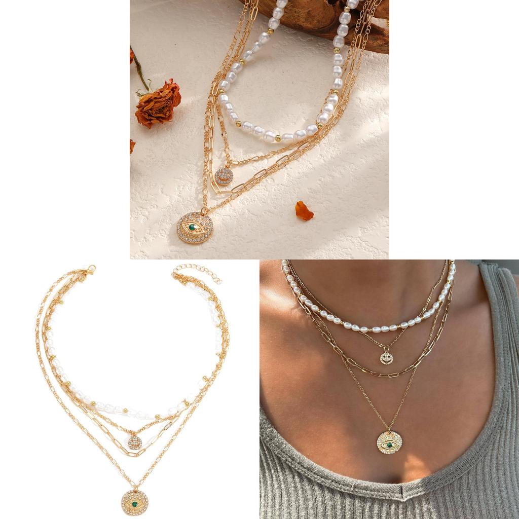Layered Alloy Chain Necklace With Smile Face And Evil Eye Design For Ladies