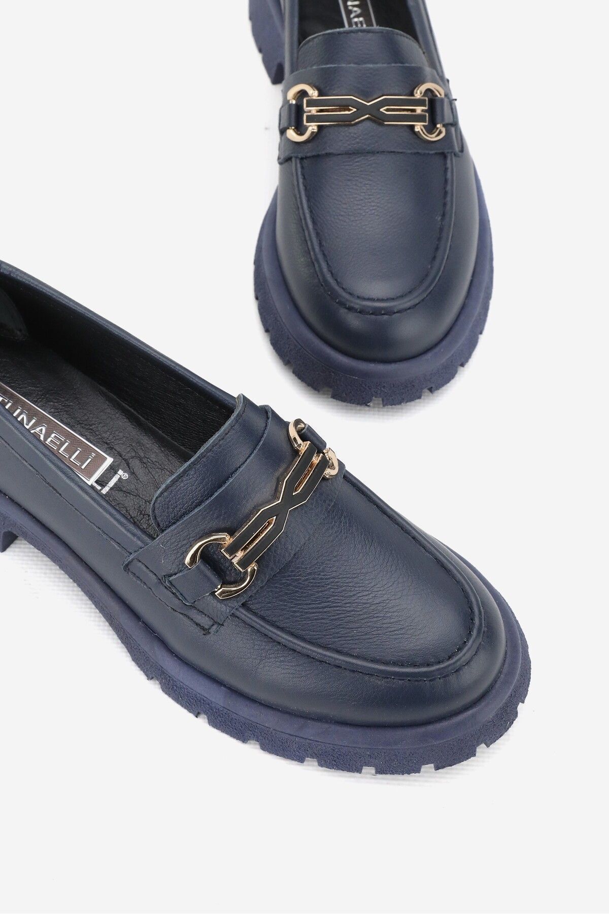 

Women s Fashion Genuine Leather Thick Heeled Loafer Navy Blue Genuine Natural Leather Buckle Loafer Shoes 36