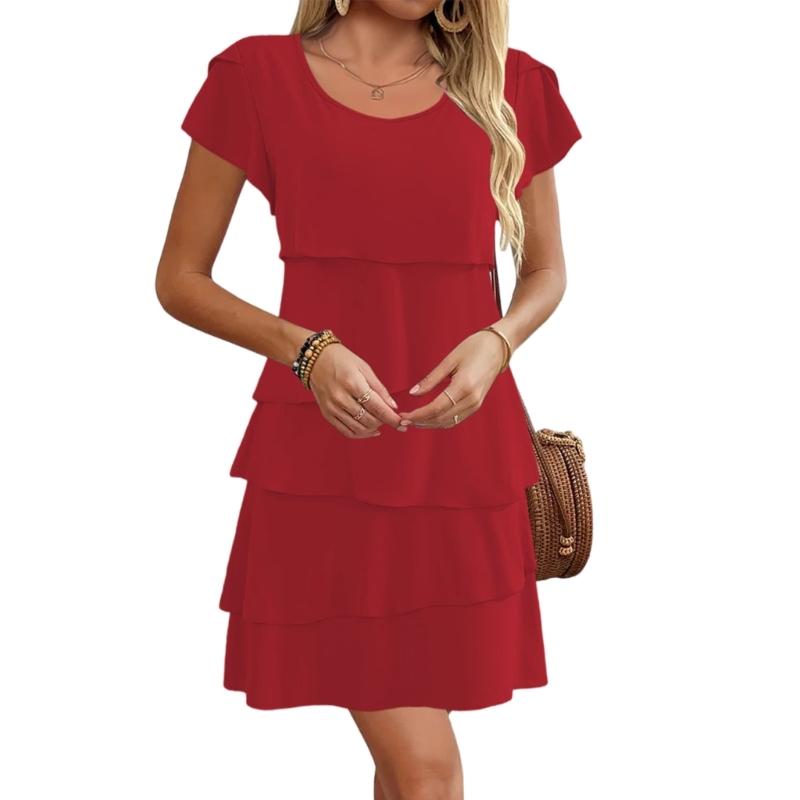 Women's Short Sleeve Crew Neck Ruffle Tiered Layered Flowys Swing Long Midi Dress Summer Dresses Casual Loose Dresses