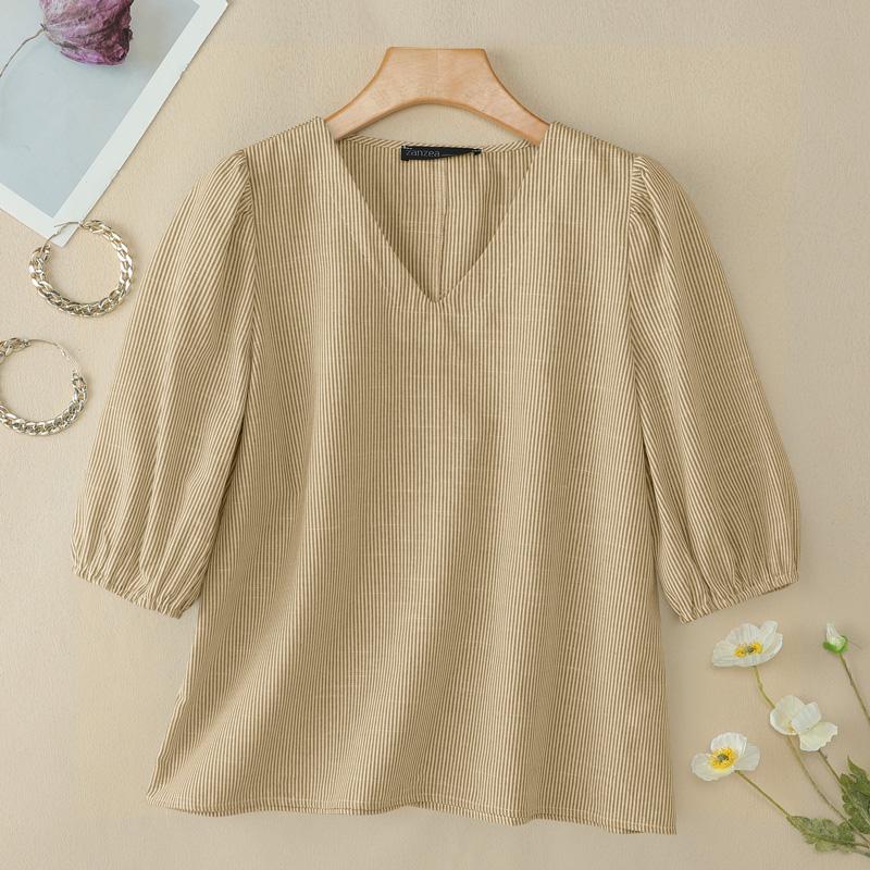 

ZANZEA Женская свободная повседневная блузка в полоску с V-образным вырезом и рукавом 3/4 5XL коричневый