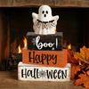 Orange And Black Party Props Halloween Ghost Decoration, Wooden Sign Tiered Tray Ornament, Farmhouse Desktop Festive Ornaments Tabletop Centerpiece