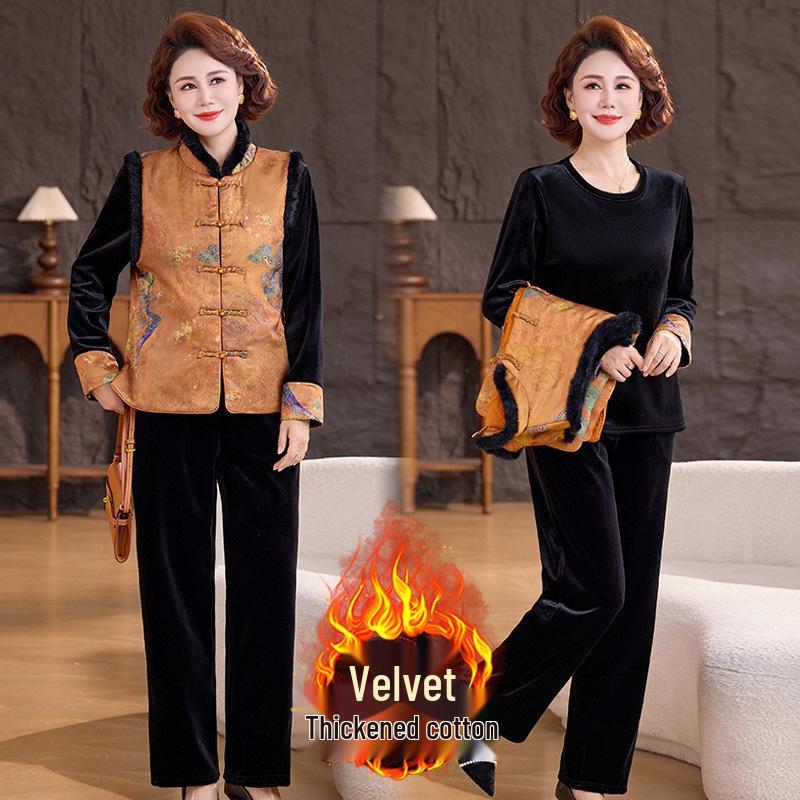 New Chinese-Style Winter Vest Suit: 3-Piece Gold Velvet Set for Middle-Aged Women