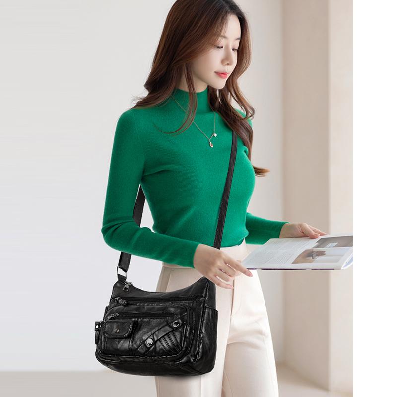 Dameveske i mykt skinn Mammaveske Flere rom Flere glidelåser Stor kapasitet Skulderveske Crossbody-veske
