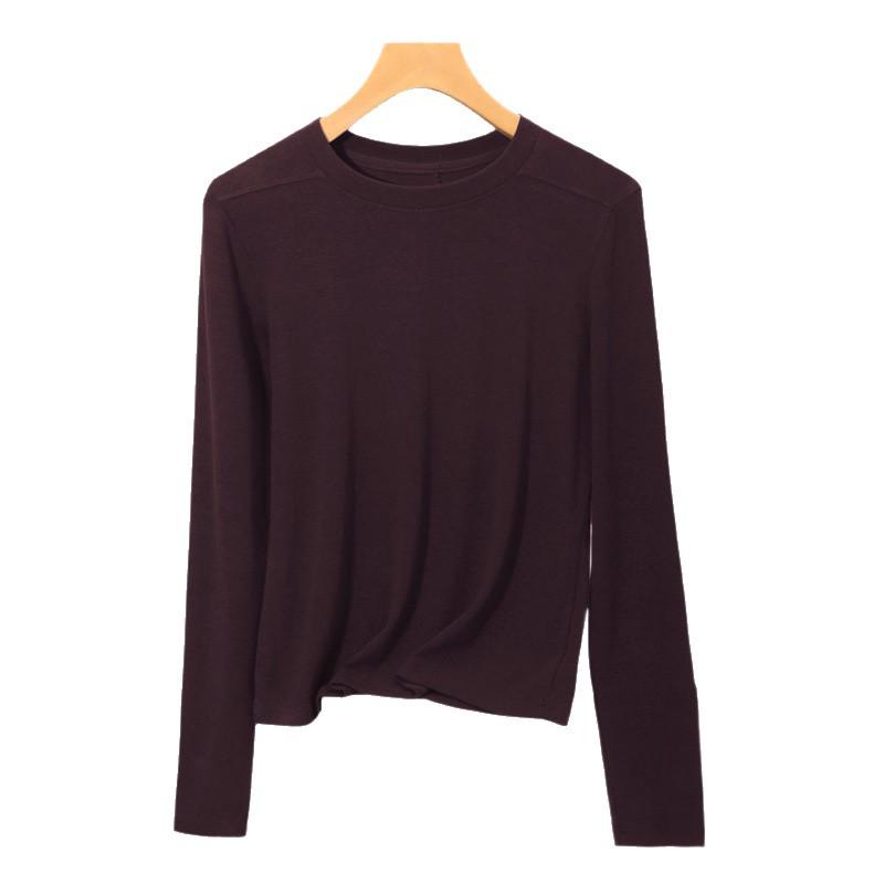Women's Slimming Semi-High Neck Wool Base Layer T-Shirt - Long Sleeve, Spliced, Versatile Design for Autumn/Winter.