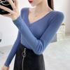V Long Color Solid Neck Sleeve Slim Inner Bottoming Knitted Sweater Chic Tops