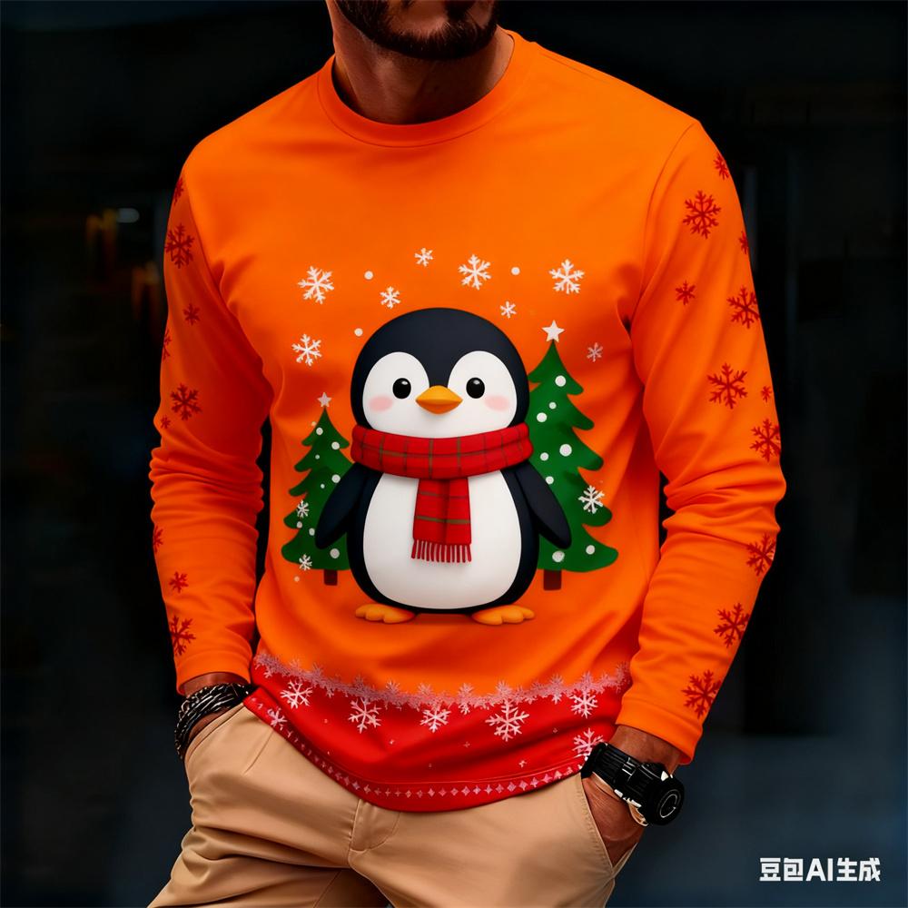 Fashionable Harajuku-style Christmas men's long-sleeve T-shirt, autumn casual round-neck loose top, fun Santa Claus design