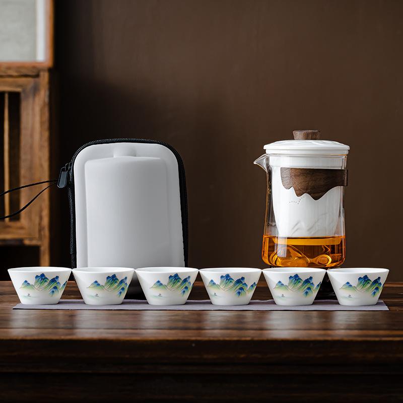 

Glass travel tea set suet jade white porcelain portable one pot six cups outdoor express cup ceramic tea set gift