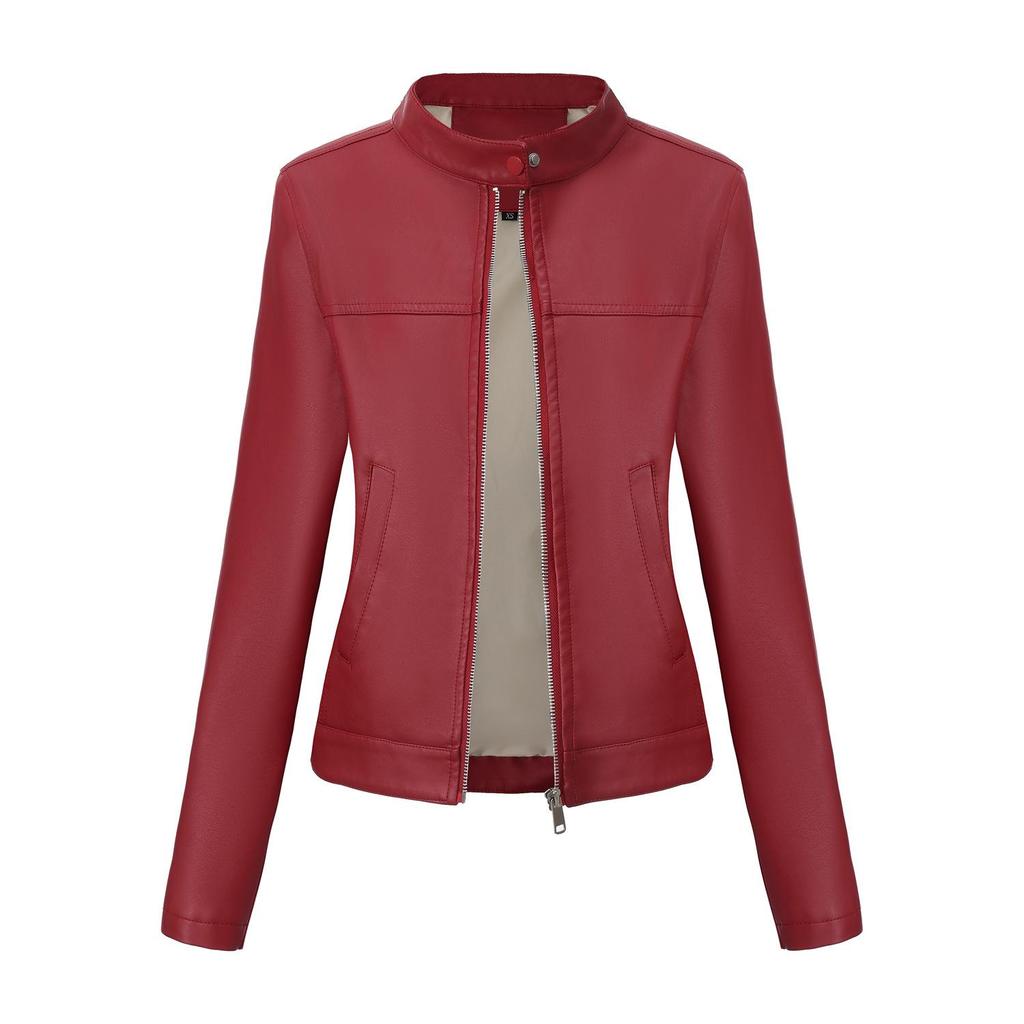 Women's Spring/Autumn Stylish Leather Jacket - European & American Stand-up Collar Biker Coat