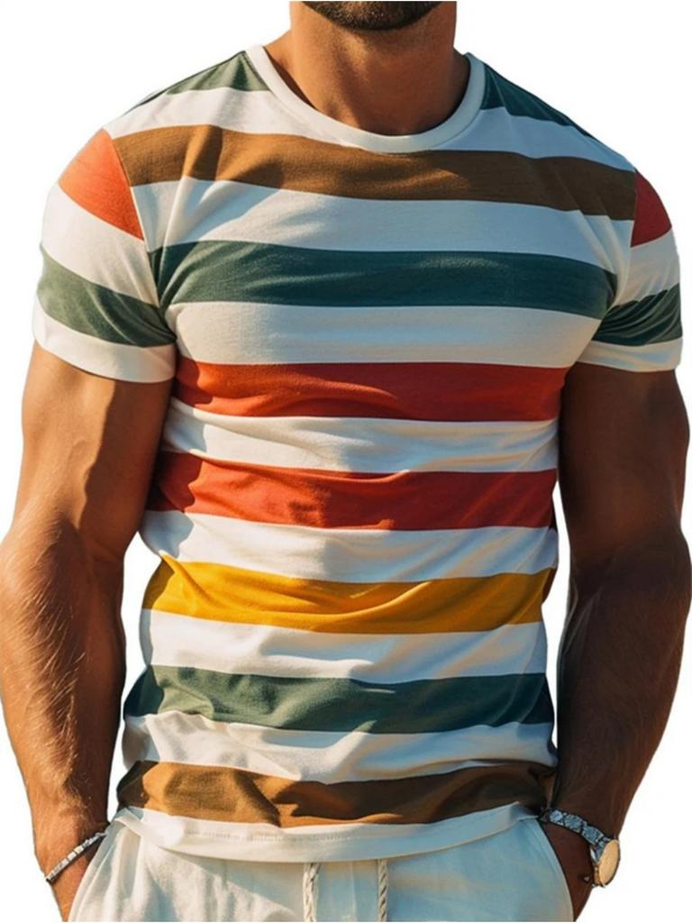 Men's T-Shirt Color Stripe Fashion Design 3D Printed Top Casual Daily Street Wear Summer Simple Short Sleeved Men's Y2k Clothing