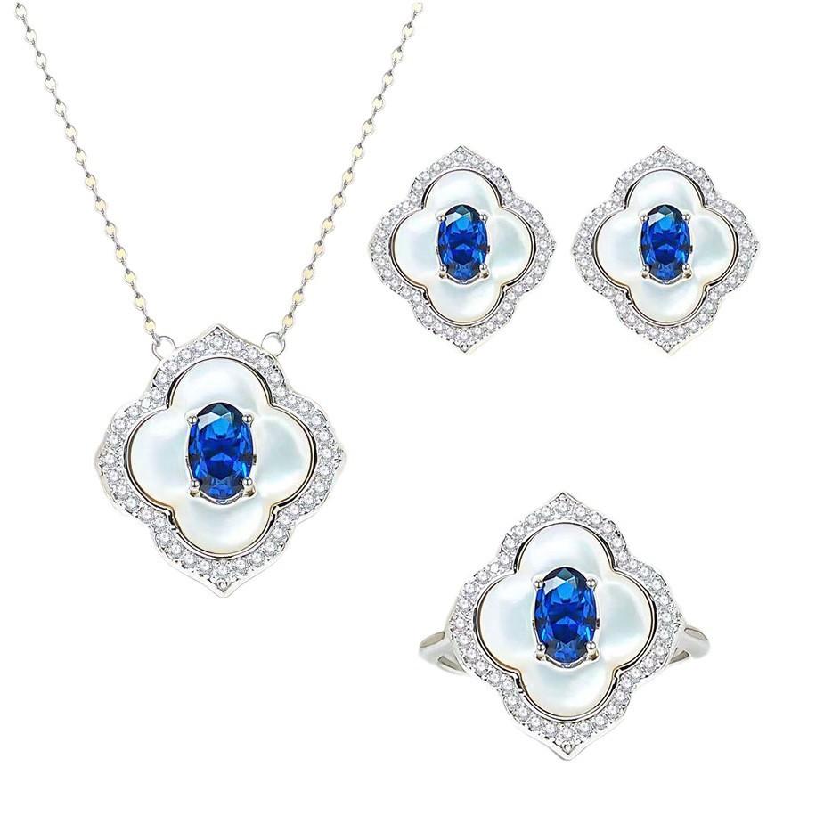 Light Luxury Design Four-Leaf Clover Fritillary Pendant Necklace High Carbon Diamond Ring Blue Spinel Stud Earrings Temperament Colorful Treasure Set