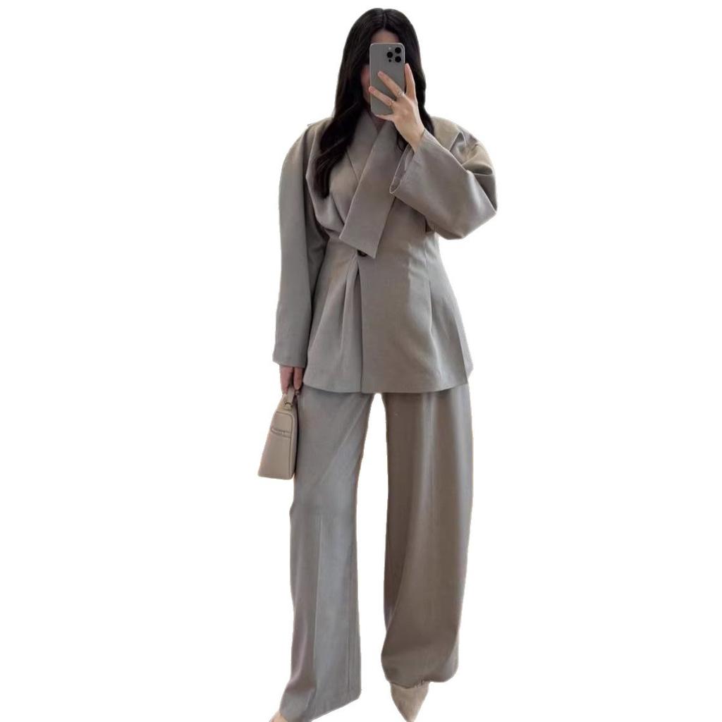 Cross-border European and American women's clothing Amazon large lapel collar temperament jacket long-sleeved wide-leg pants commuter suit