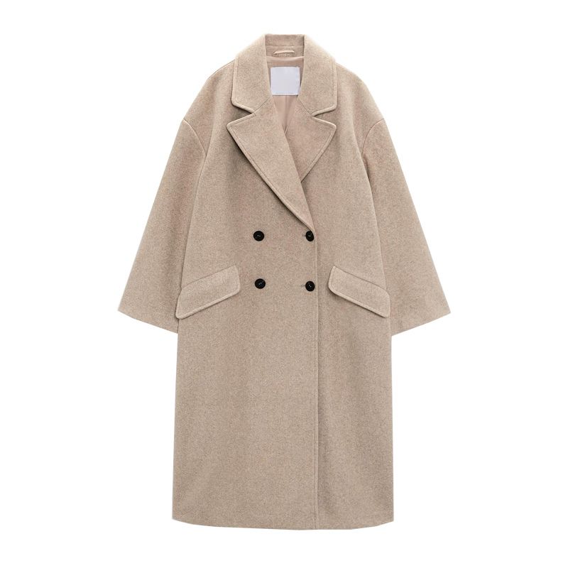 Winter New Double Breasted Loose Lapel Long sleeve Fleece Blended Neutral Wind Coat Outerwear 3046301