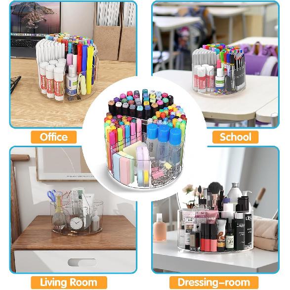 Acrylic Pen Holder, 360 Degree Rotating Pen Organizer, Rotating Desk Acrylic Office Organizer with 6 Compartments, Marker Organizer for Kid, Crayon