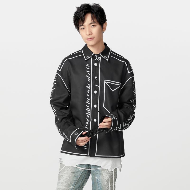 

Унисекс свободные женские мужские отложной воротник длинный рукав принт повседневные рубашки топы 5XL чёрный