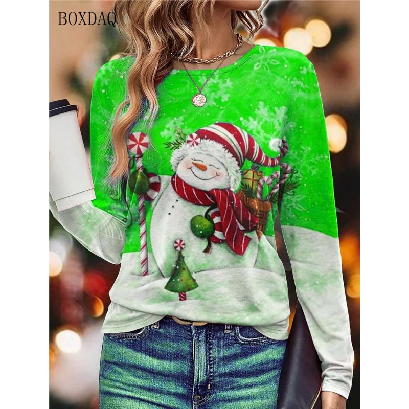 Long Sleeve Christmas Snowman Pattern Women T-Shirts Autumn Winter 3d Print