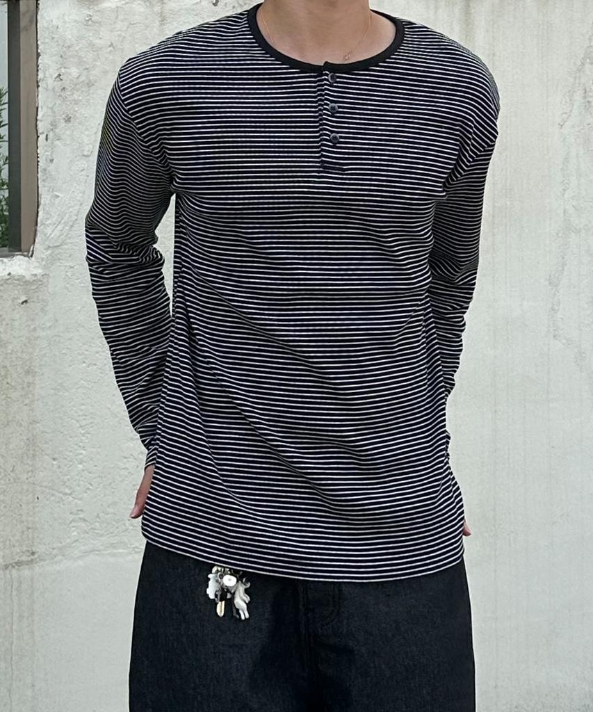 BASEMOMENT Striped Henley Neck Ribbed Top Black