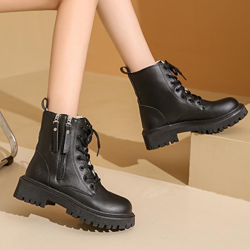 

Женские ботинки на платформе, короткий плюш, однотонные, на шнуровке, с боковой молнией, ботильоны, зимняя женская обувь 2025, большой размер 42, женская обувь 35 чёрный