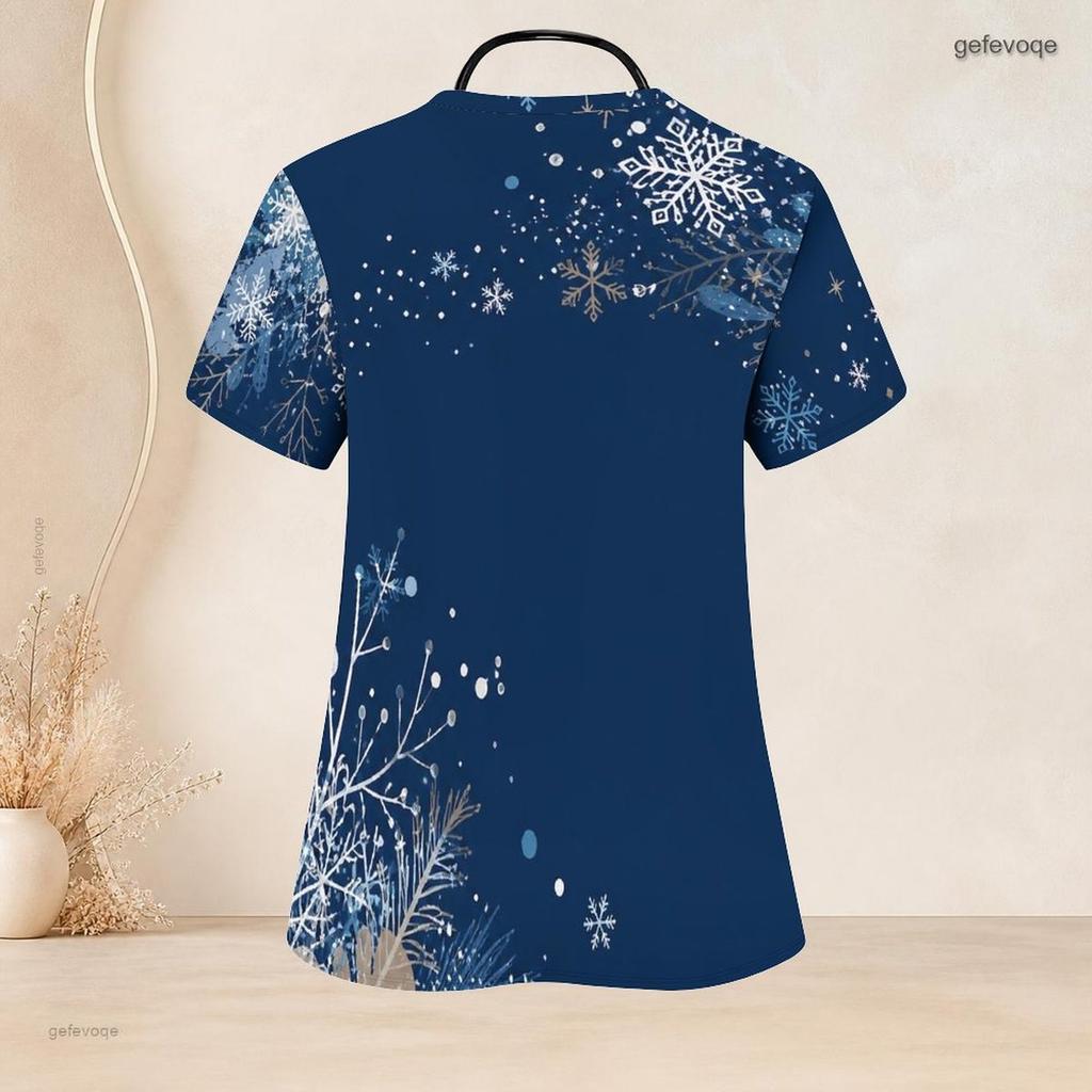 Women Plus Size Navy Blue Snowflake Printed Nurse Scrub Top V Neck Short Sleeve Front Pockets