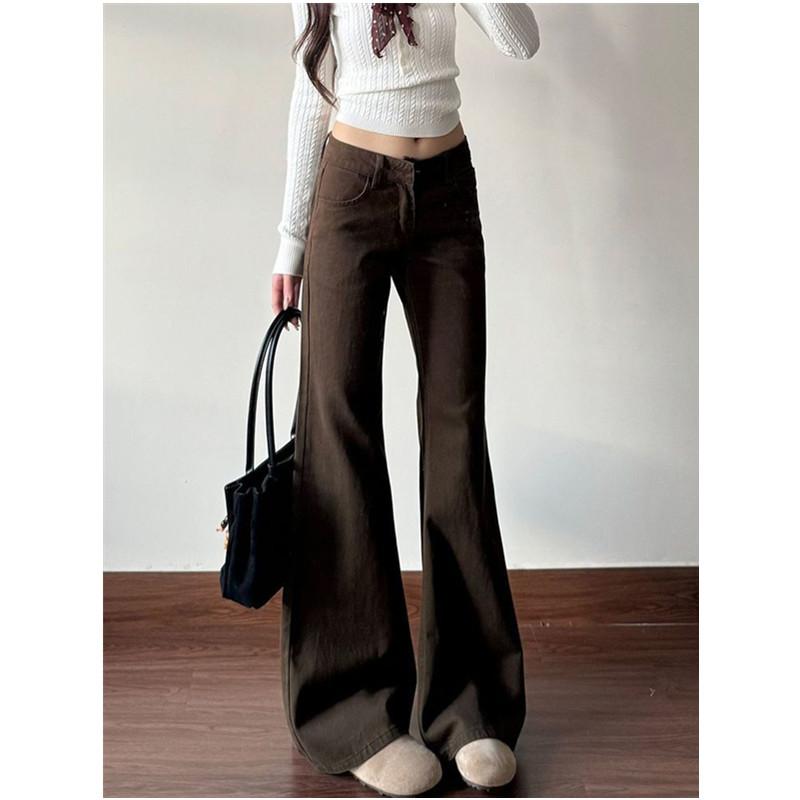 Coffee-colored slightly pulled jeans women's low waist loose wide legs do not stick to the legs flared pants women's slightly pulled thin pants