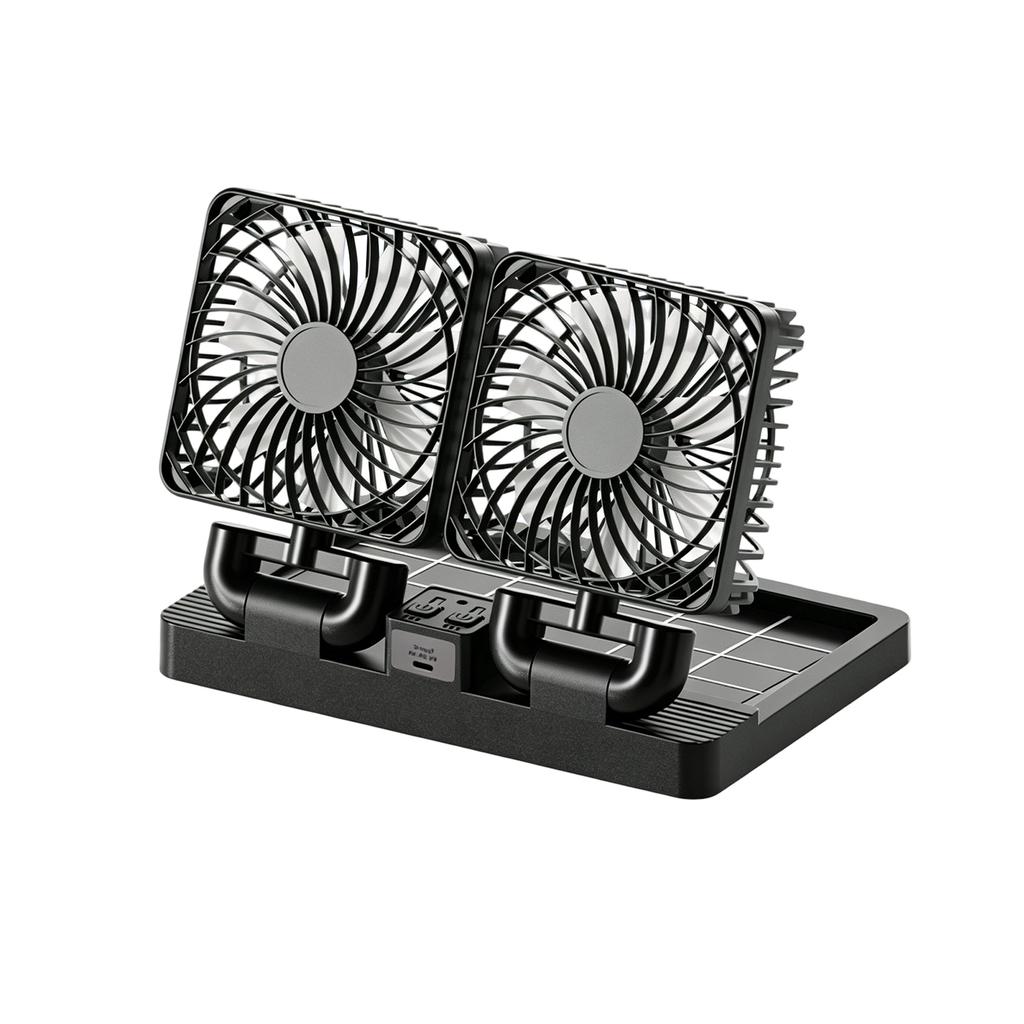 Solar Powered Dual Head Car Fan with Adjustable Angle and USB Charging for Vehicle Interior Ventilation and Air Circulation