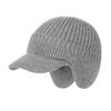Men Knitted Hat Extended Brim Ear Protection Solid Color Knitting Hat Thickened Plush Lining Winter Warm Hat