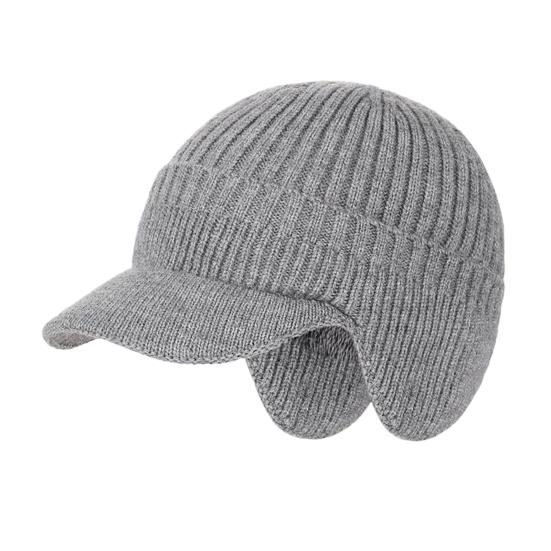 Men Knitted Hat Extended Brim Ear Protection Solid Color Knitting Hat Thickened Plush Lining Winter Warm Hat