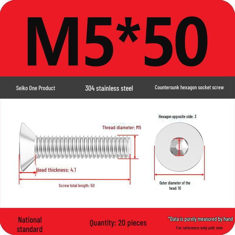 M2-M10 Stainless Steel Flat Head Machine Screws and Bolts Set, Countersunk Hex Socket Cap, 304 Grade.