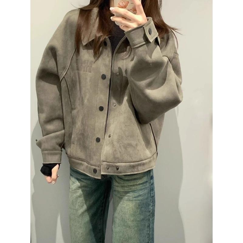 Vintage American Short Suede Jacket Women Loose Fit Casual  Fall Coat Lazy Style
