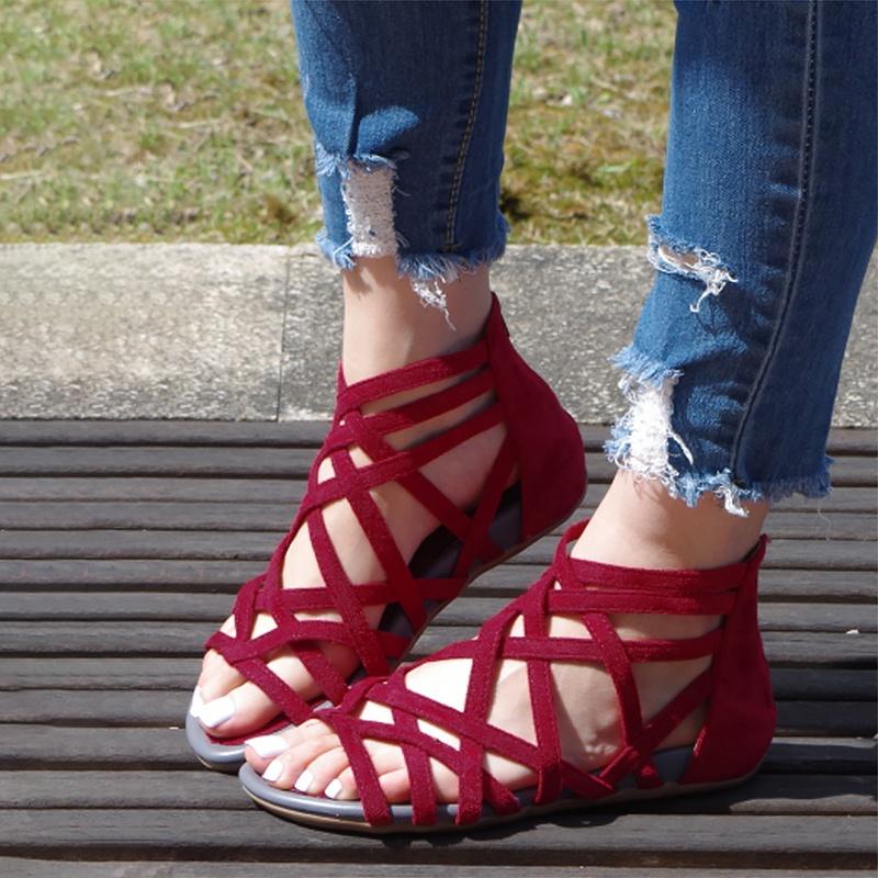 New Women Open Toe High Tops Sandals Comfy PU Leather Hollow Out Summer Shoes Boho Style Bandage Back Zipper Beach Shoes