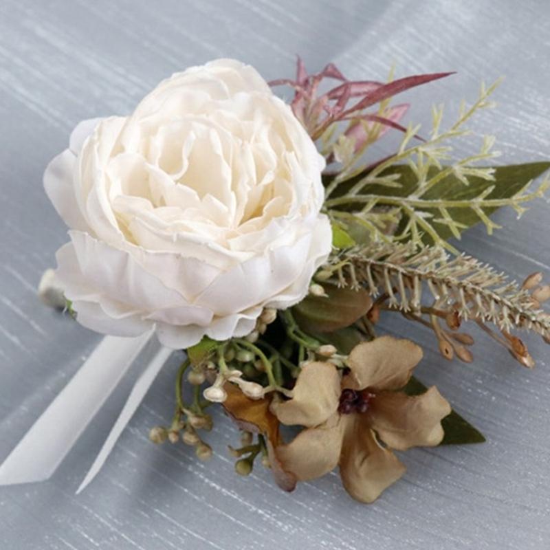 Romantics Champagne Wrist Corsage and Boutonniere Artificial Flower Set for Wedding Ceremonies Bridal Shower Flower