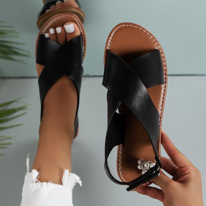 Fashion Summer New Flat Sandals for Women Cross Buckle Design Open Toe Women's Sandals Velcro Women's Shoes Vintage Style Beach Sandals