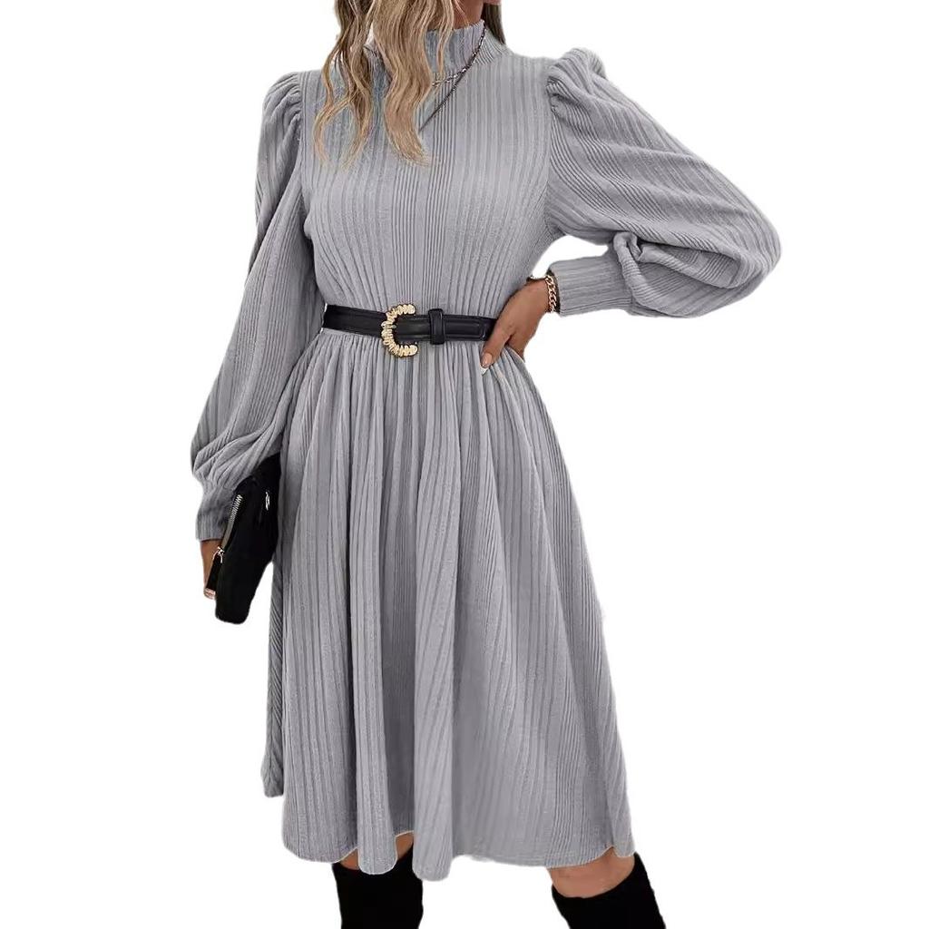 Autumn Winter Solid Half Turtleneck Maxi Dress for Women Puff Sleeve A-line Elegant Skinny Elastic Knitted Dresses Fashion Party Dress