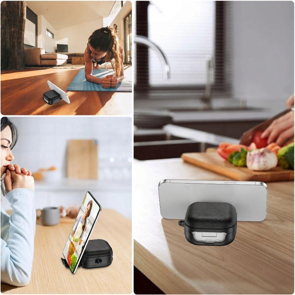 Leather Earphone Case Lychee Grain with Phone Stand Earbuds Cover Full Cover Shell Shockproof for Samsung Galaxy Buds4/4pro