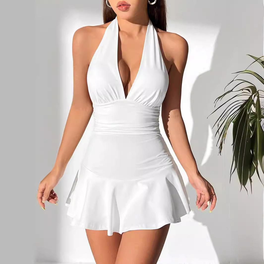 Women s Summer Sexy Halter Mini Dress Deep V Neck Ruched Waist Slim Fit Flared Backless Sleeveless Party Dress S белый