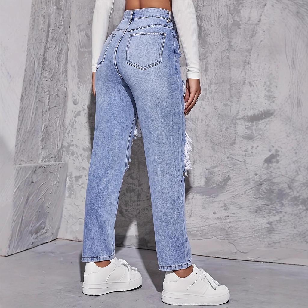 Women's Ripped Salt-Washed Straight Leg Jeans - European & American Fashion