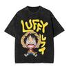 One Piece Anime Luffy Chibi with Bubble Letters Washed T Shirt Men Cotton T-Shirts Summer Crew Neck Cool Tees Big Size Tops