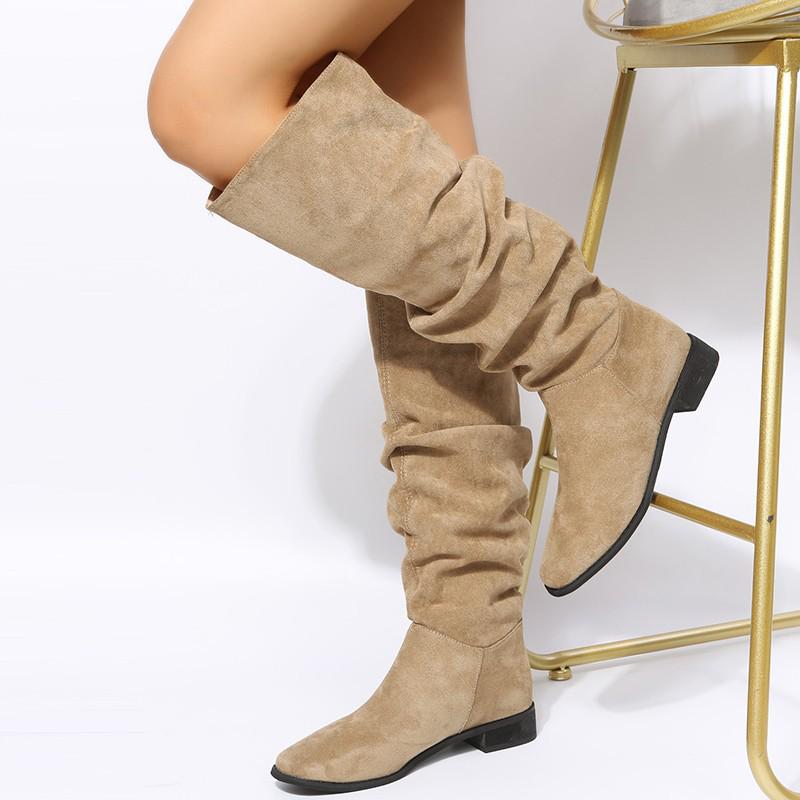 Pleated Boots Women Black Nude Faux Suede Flock Knee High Boot Ladies Flat Autumn Winter Dress Shoe Solid Slip on Botas
